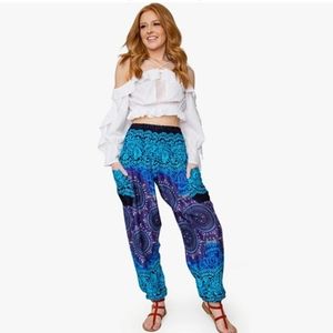 WOMEN'S SIZE LG HAREM PANTS BLUE HONEYCOMB